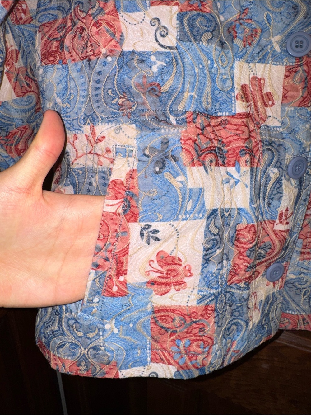 Patchwork Print Button-Front Jacket - Blue & Red - Picture 5 of 6